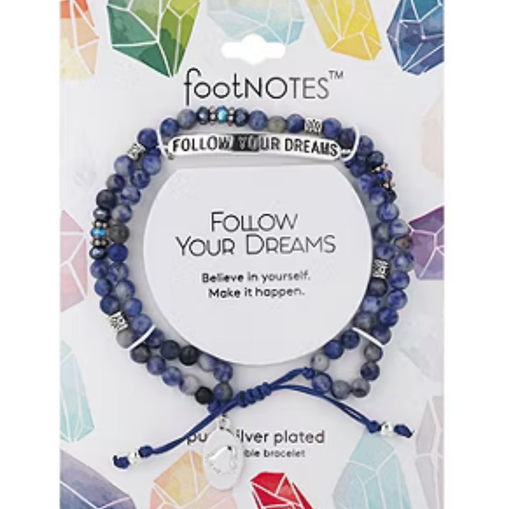 NWT FOOTNOTES BLUE BEADED SILVER PLATED “FOLLOW YOUR DREAMS” BRACELET